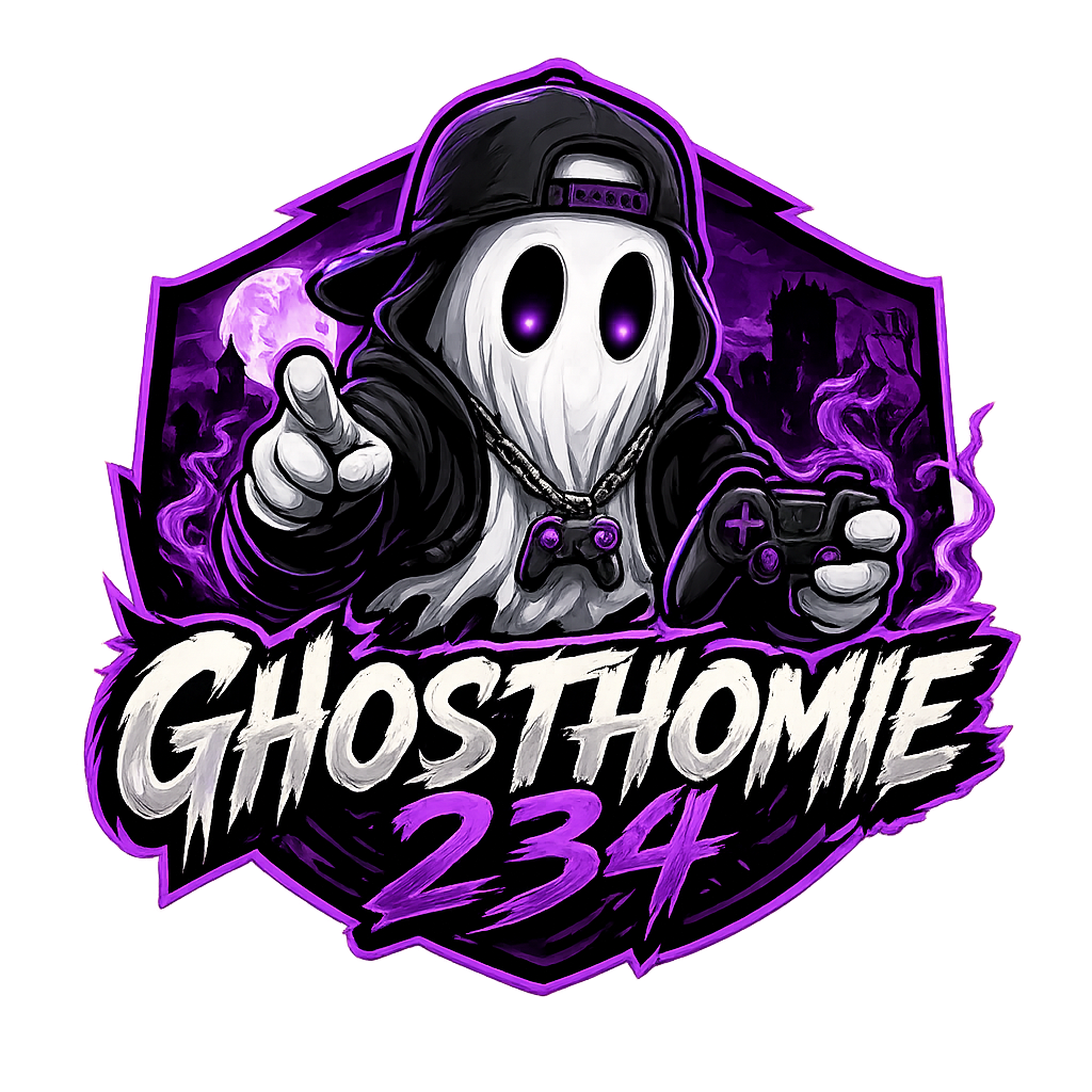 Ghosthomie234 gaming logo featuring a purple ghost holding a controller